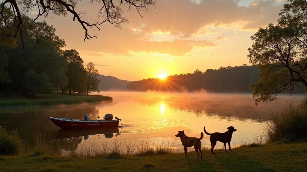 Sunset over a peaceful Texas lake with a fishing boat and forested shoreline in view.
